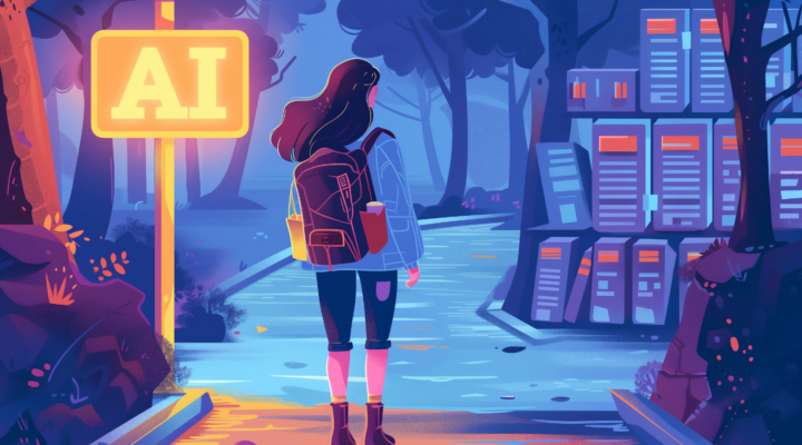 A person standing at a crossroads, with one path leading to a glowing "AI" sign and the other to a mountain of books and a computer