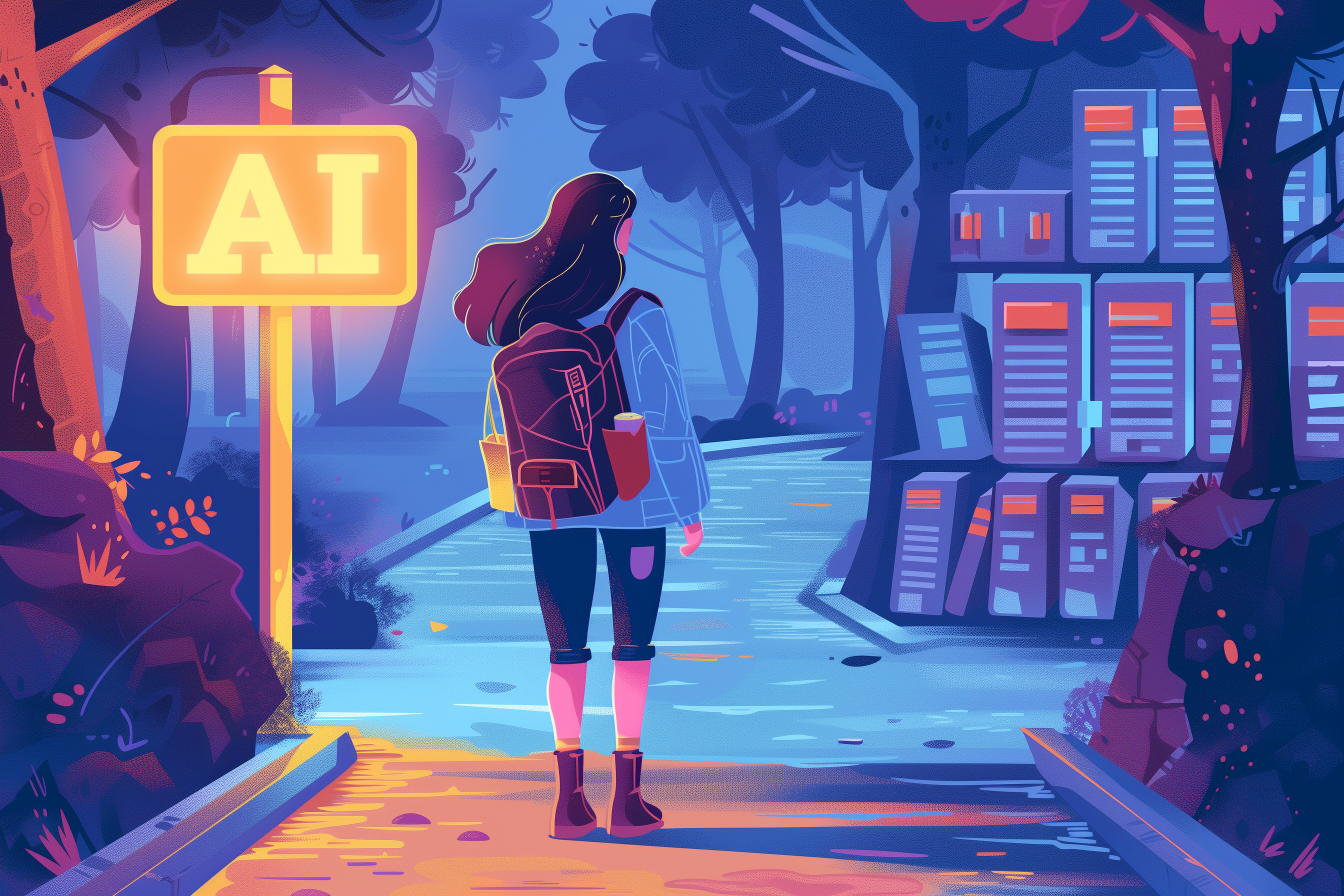 A person standing at a crossroads, with one path leading to a glowing "AI" sign and the other to a mountain of books and a computer