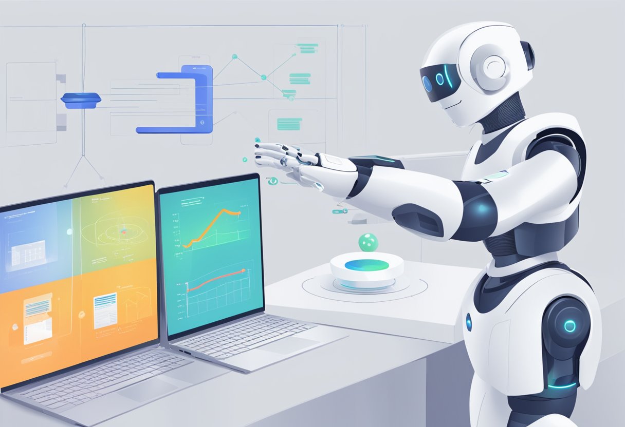 A simple bot interacts with data, while a self-learning system adapts and improves over time. The progression from basic to advanced AI types is illustrated