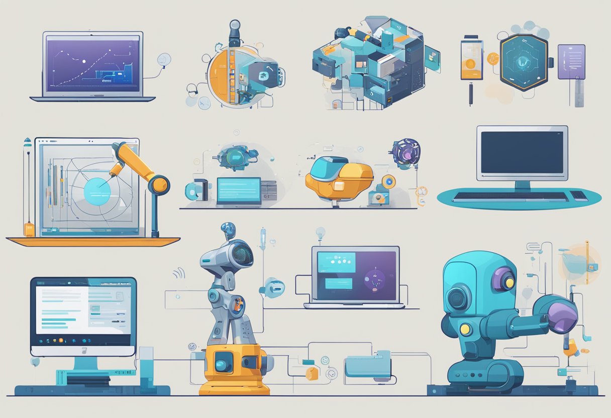 Various AI technologies, from basic bots to self-learning systems, displayed in a progression