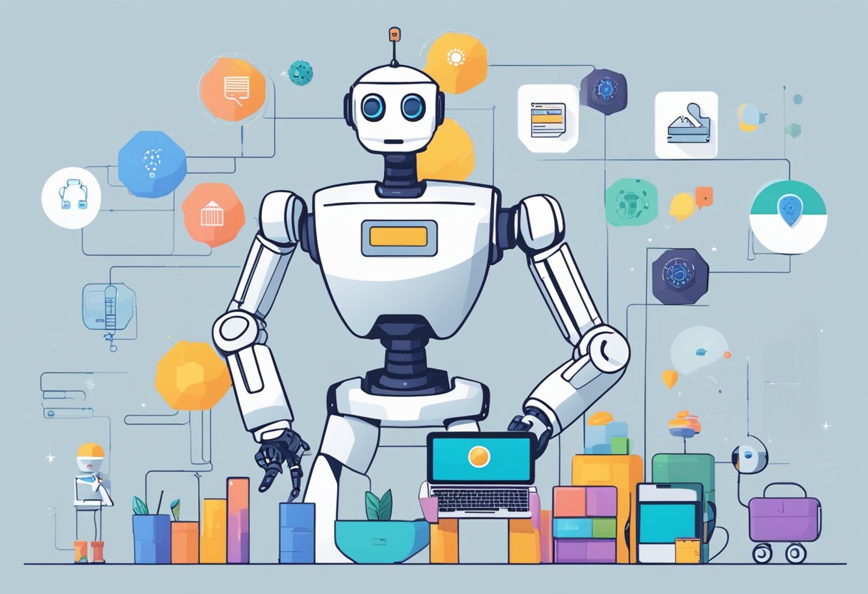 An AI-powered robot interacts with various devices, from simple bots to self-learning systems, showcasing the wide range of applications and benefits of AI technology