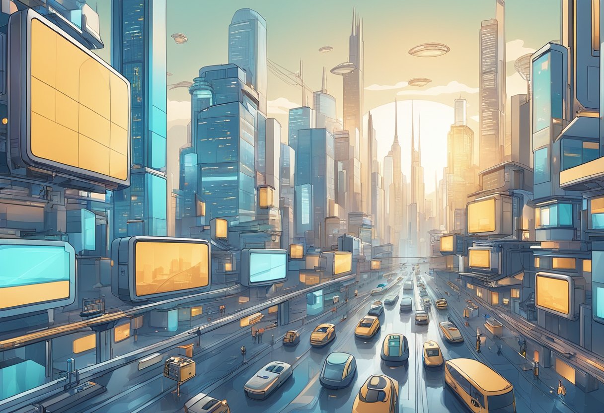 A futuristic cityscape with various AI devices interacting, from simple bots to advanced self-learning systems. The scene should convey the integration of AI into everyday life and the ethical considerations surrounding its use