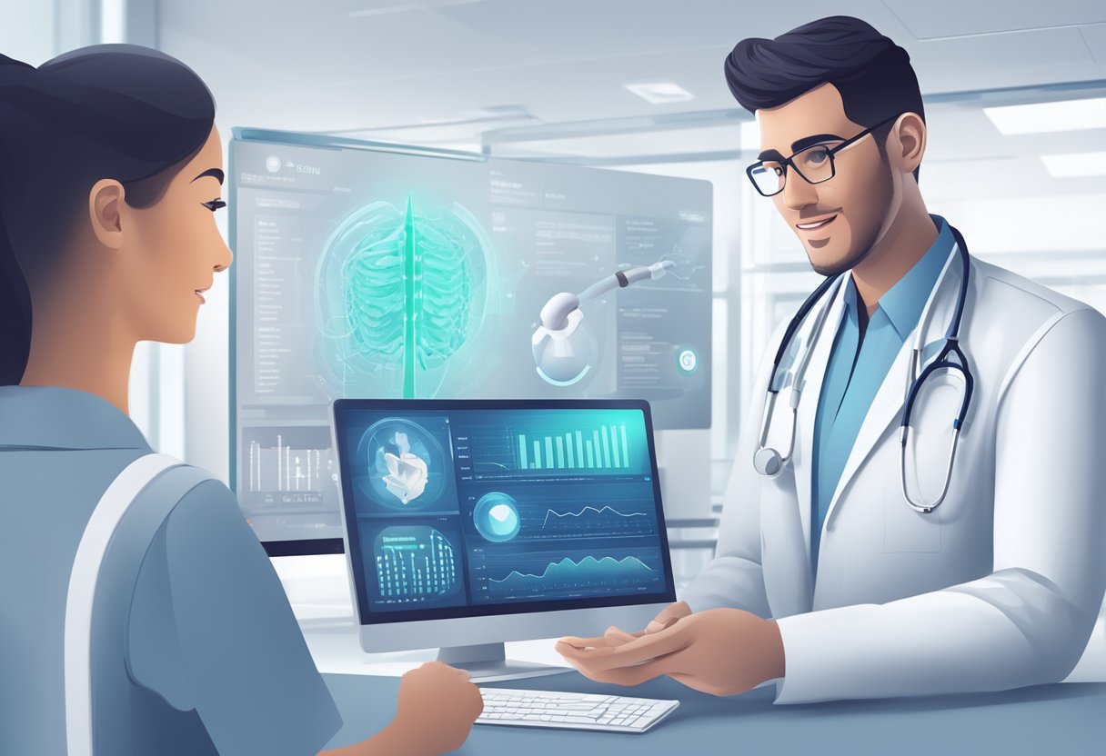 A virtual health assistant interacts with medical data and technology in a modern healthcare setting