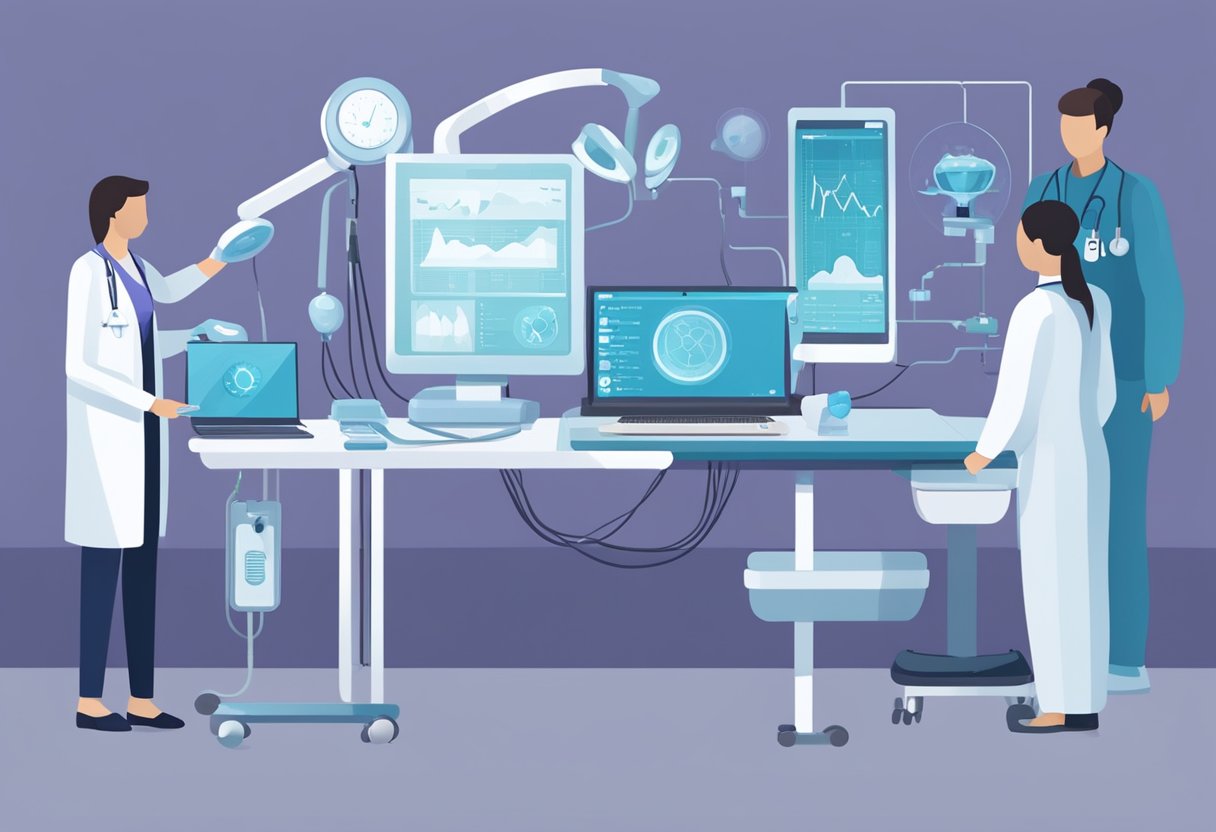 A virtual health assistant interacts with various medical devices, providing personalized care and support to patients. Ethical considerations are integrated into its design and function