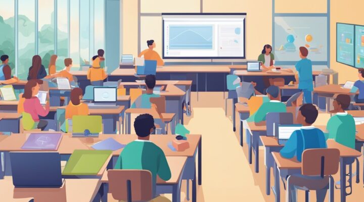 AI books and computers in a classroom setting, with students engaged in learning